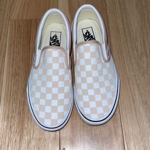 tan checkered slip on vans